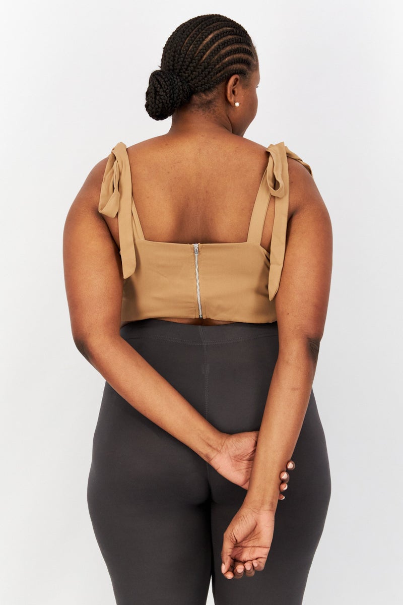 Flounce London Women Plus Size Sweetheart Neckline Sleeveless Crop Top, Tan - Image 2